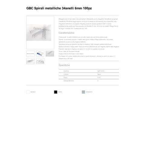 Spirali metalliche a 34 anelli GBC Wirebind 6 mm a4 nero conf da 100 spirali - RG810410